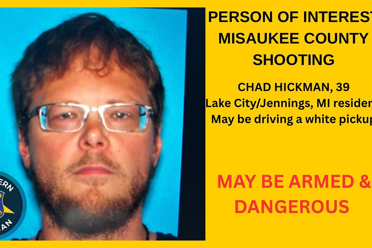 This undated poster provided by The Michigan State Police (MSP) Seventh District, shows suspect Chad Hickman, who was the suspect in the killing of 5 people and found dead on Friday, Aug.14, 2026. (The Michigan State Police, Seventh District via AP)