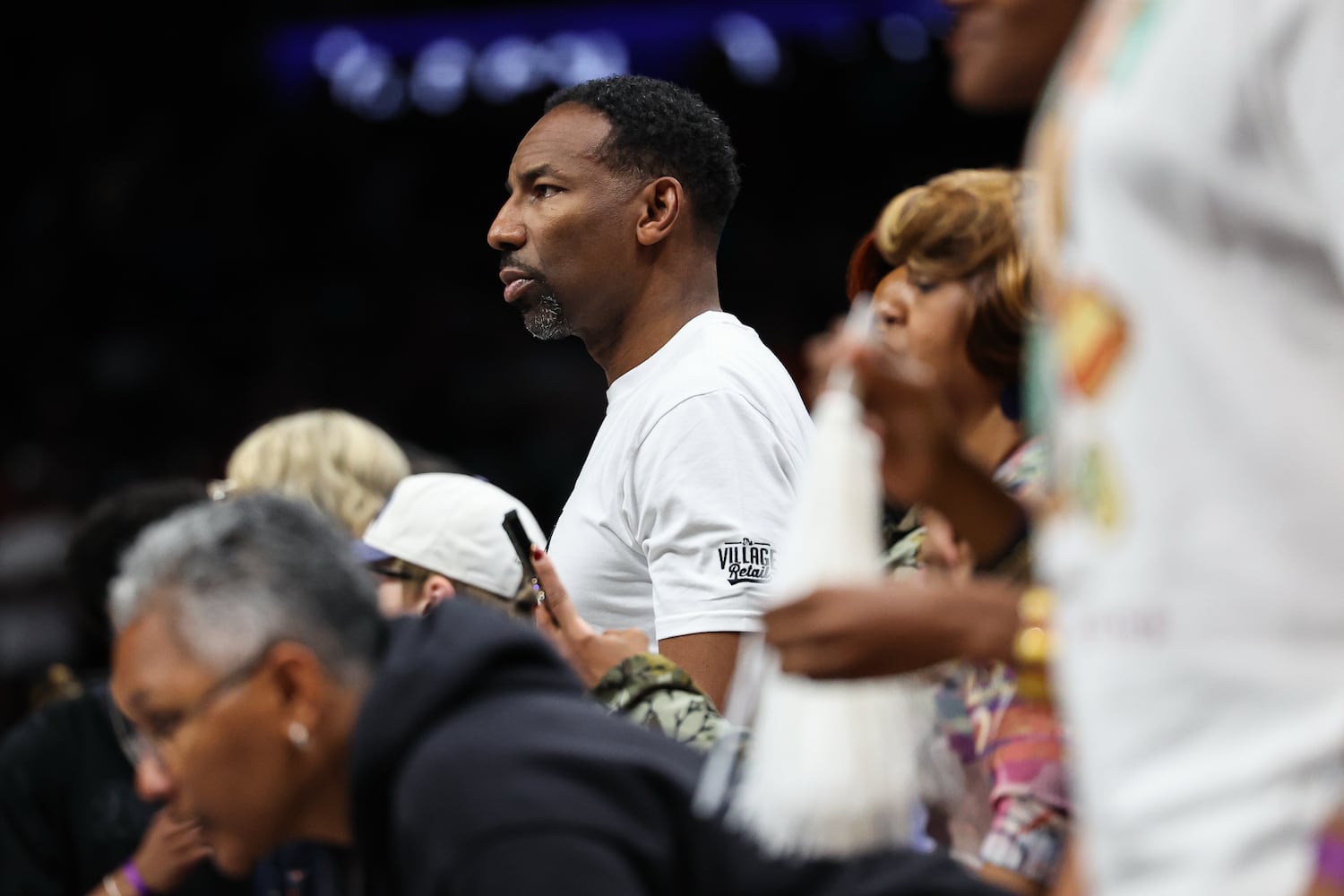 Atlanta Mayor Andre Dickens reacts during the second half of a WNBA game against the Atlanta Dream and Las Vegas Aces at State Farm Arena on Sunday, May 17, 2026, in Atlanta. (Colin Hubbard for the AJC) 