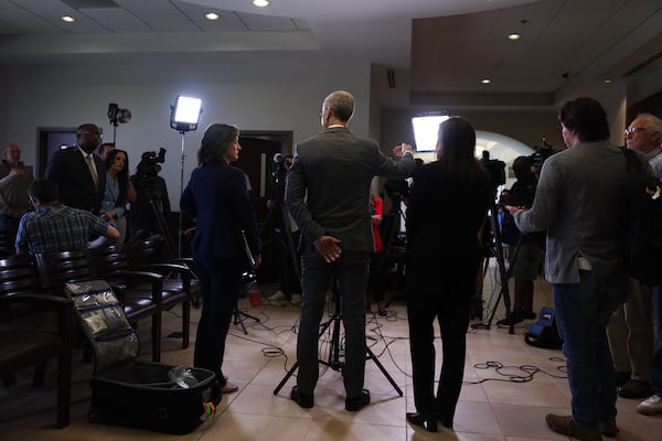 District Attorney Brad Smith (center) speaks to the media following the Apalachee High School shooter's sentencing at Barrow County Superior Court in Winder on Tuesday, July 28, 2026. The shooter received life without parole for killing two students and two teachers. (Arvin Temkar/AJC)