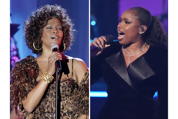Whitney Houston performs at the Clive Davis pre-Grammy party in Beverly Hills, Calif., on Feb. 7, 2009, left, and Jennifer Hudson performs during the BET Awards in Los Angeles on June 9, 2025. (AP Photo)