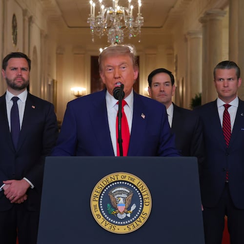 President Donald Trump (center) speaks from the East Room of the White House on Saturday after the U.S. military struck three Iranian nuclear and military sites, directly joining Israel's effort to stifle the country's nuclear program. Joining Trump are (from left) Vice President JD Vance, Secretary of State Marco Rubio and Defense Secretary Pete Hegseth. (Carlos Barria/AP)