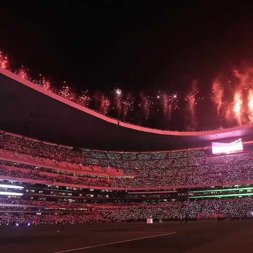 FILE - Fireworks go off at the halftime during the international friendly soccer match between Mexico and Portugal at the Estadio Barnorte in Mexico City, Saturday, March 28, 2026. (AP Photo/Eduardo Verdugo, file)