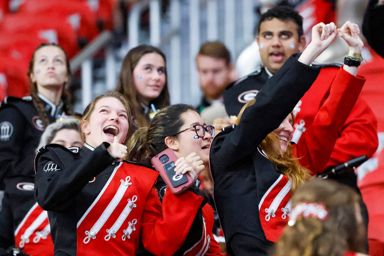 Georgia Bulldog band members arrive before facing the LSU Tigers in the SEC Championship Game at Mercedes-Benz Stadium in Atlanta on Saturday, Dec. 3, 2022. (Bob Andres / Bob Andres for the Atlanta Constitution)