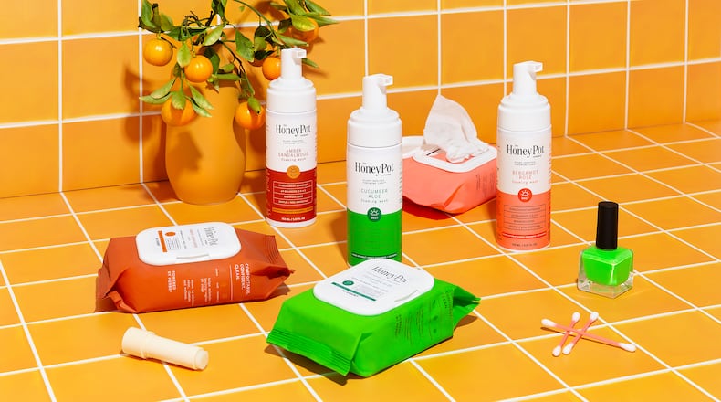 The Honey Pot Company Amber Sandalwood, Cucumber Aloe and Bergamot Rose foaming wash and wipes.
COURTESY OF THE HONEY POT COMPANY