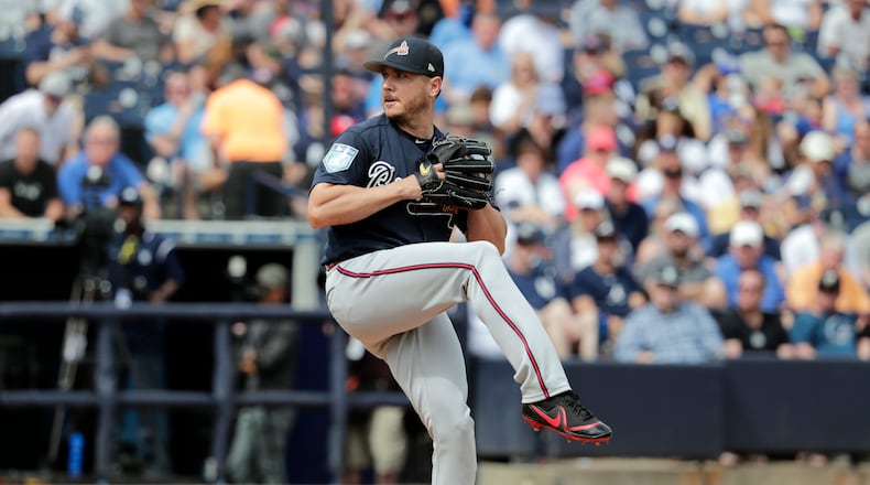 Braves pitcher Scott Kazmier, pictured in a start last week, gave up four hits and two runs in three innings Thursday against the Astros. (AP Photo/Lynne Sladky)