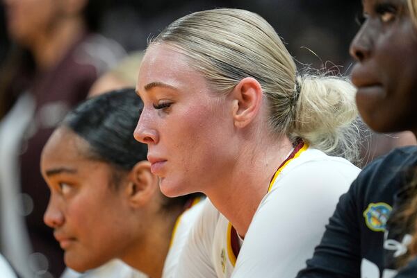South Carolina forward Chloe Kitts (21) reacts as she sits on the bench during the second half of the national championship game against UConn at the Final Four of the women's NCAA college basketball tournament, Sunday, April 6, 2025, in Tampa, Fla. (AP Photo/Chris O'Meara)