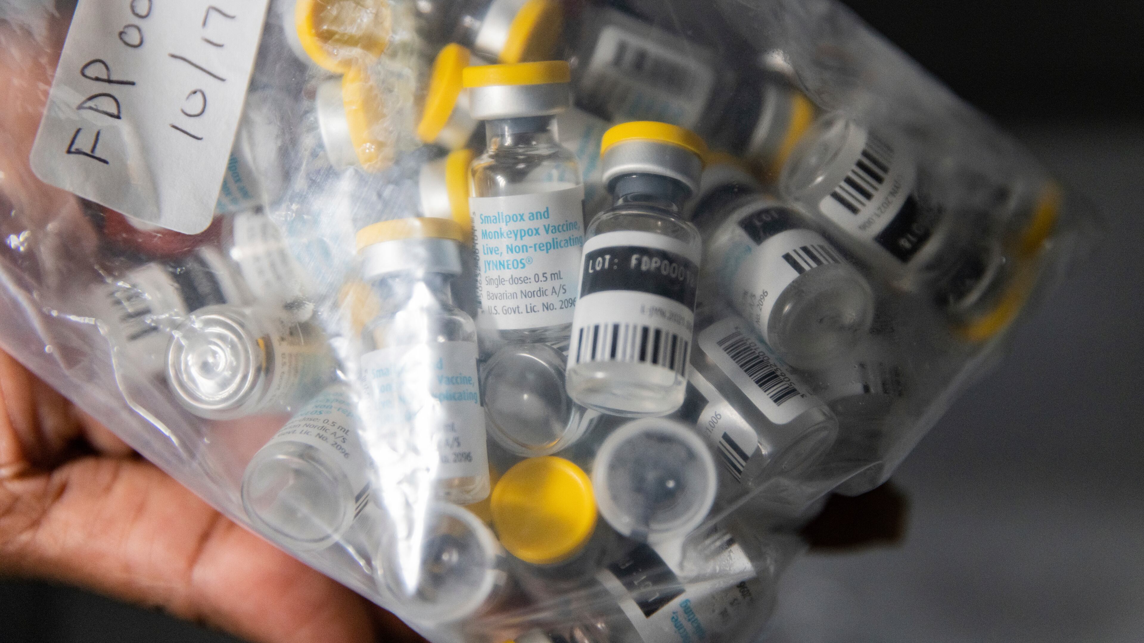 FILE - Vials of the Jynneos vaccine for monkeypox are taken from a cooler at a vaccinations site, Aug. 29, 2022, in the Brooklyn borough of New York. (AP Photo/Jeenah Moon, File)