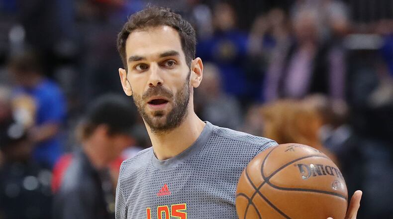 The newest member of the Atlanta Hawks forward Jose Calderon warms up before the team plays the Golden State Warriors in a NBA basketball game on Monday, March 6, 2017, in Atlanta. Curtis Compton/ccompton@ajc.com