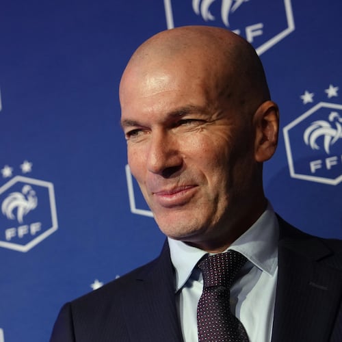 Zinedine Zidane, newly appointed coach of the France national soccer team, attends a media conference at the headquarters of French Football Federation headquarters in Paris, Tuesday, July 28, 2026. (AP Photo/Aurelien Morissard)