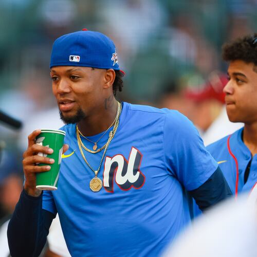 Braves right fielder Ronald Acuña Jr., shown here during last year’s Home Run Derby, is one of two MLB players announced to the Venezuelan roster for the World Baseball Classic. (Jason Getz/AJC 2025)
