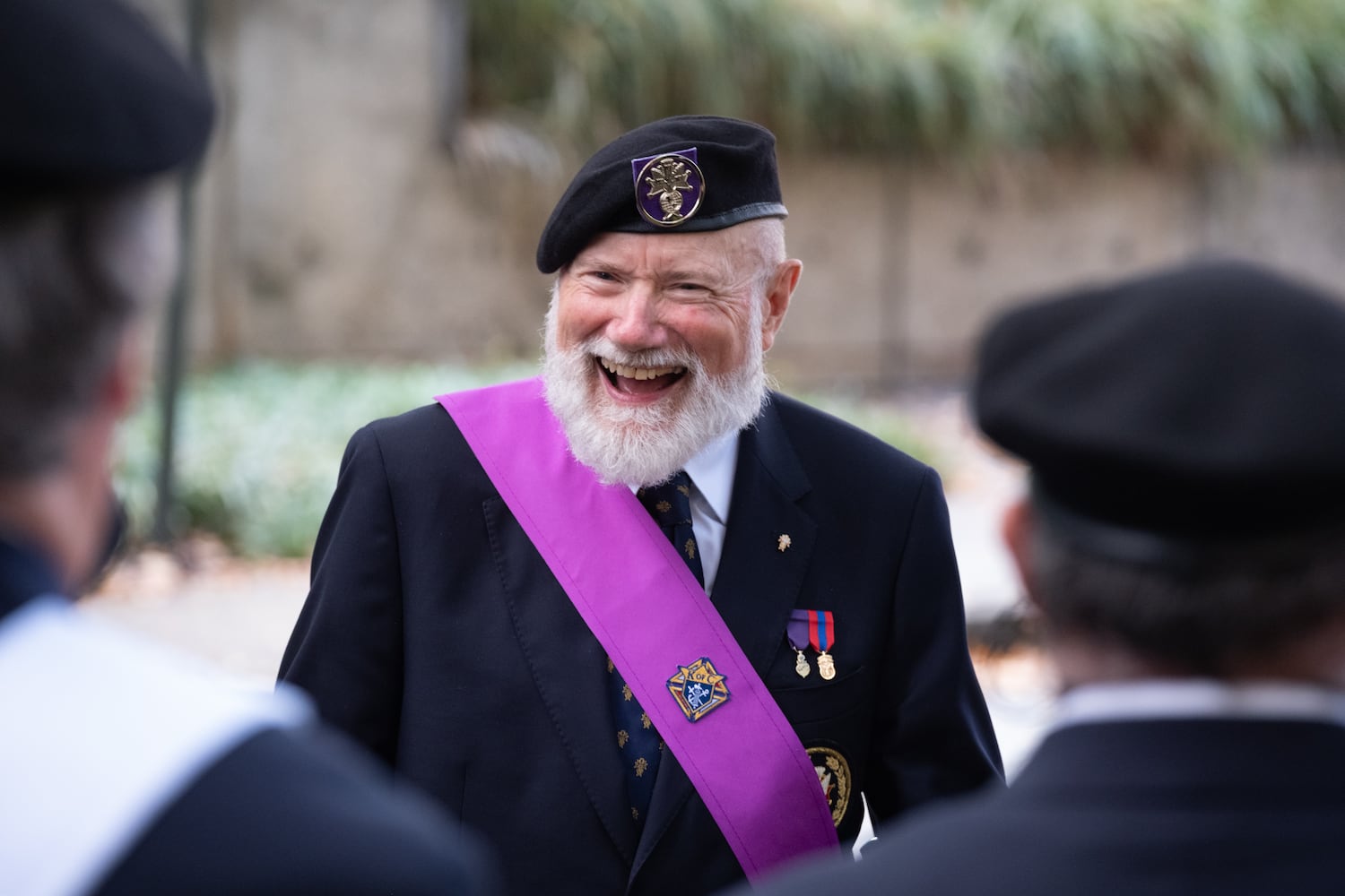 Patrick Waldron, with the Knights Of Columbus, leads the group in a practice cadence before the Georgia Veterans Day Parade in Midtown Atlanta on Saturday, Nov. 8, 2025.   Ben Gray for the Atlanta Journal-Constitution