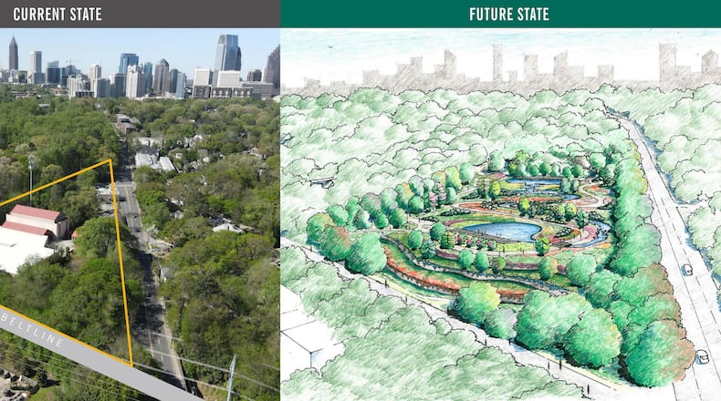 The photo on the left (looking southwest down Piedmont Avenue from Monroe Drive) shows the commercial parcels currently bordering the Atlanta Botanical Garden. The illustration on the right shows an artist's concept of the changes planned for that same area. Phot/illustration: The Atlanta Botanical Garden