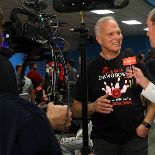 Former UGA football coach Mark Richt gives an interview during the third annual Chick-fil-A Dawg Bowl fundraiser for Parkinson’s and Crohn’s disease research at Showtime Bowl in Athens on Wednesday, Oct. 22, 2025. Richt, who was diagnosed with Parkinson’s disease in 2021, hosted the event. (C.J. Bartunek for the AJC)