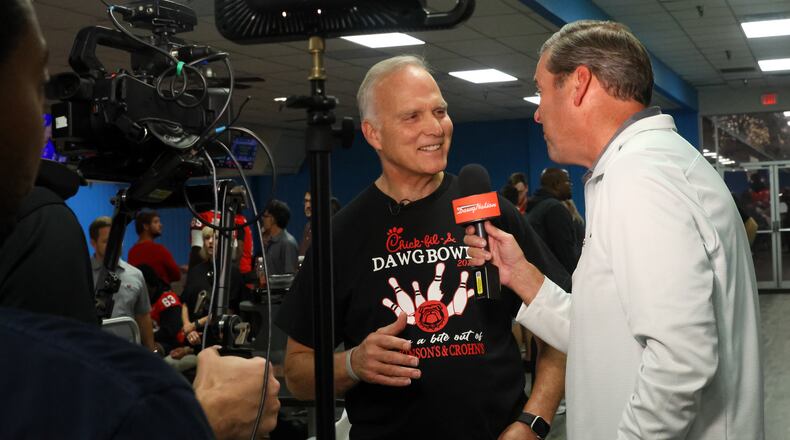 Former UGA football coach Mark Richt gives an interview during the third annual Chick-fil-A Dawg Bowl fundraiser for Parkinson’s and Crohn’s disease research at Showtime Bowl in Athens on Wednesday, Oct. 22, 2025. Richt, who was diagnosed with Parkinson’s disease in 2021, hosted the event. (C.J. Bartunek for the AJC)