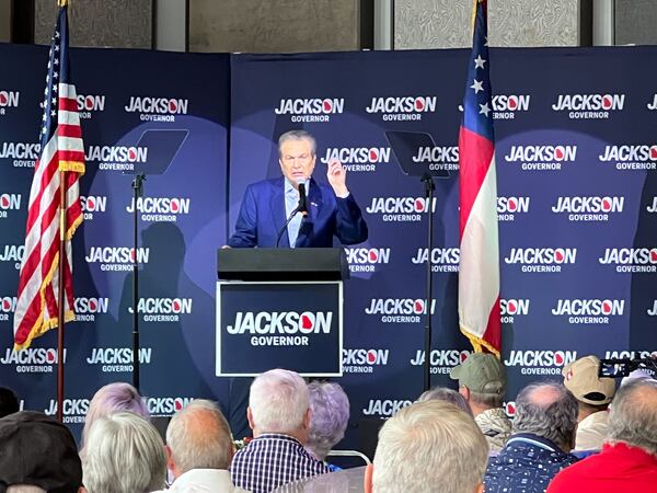 Republican candidate for governor Rick Jackson speaks to supporters at the Governor’s Gun Club in Kennesaw on Monday. (Patricia Murphy/AJC)