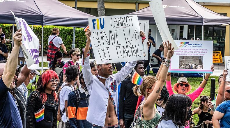 Florida International University students, staff and community members participated in a February “Fight for Florida Students and Workers” protest against Gov. Ron DeSantis in response to attacks on diversity, inclusion and equity efforts and academic rights. (Pedro Portal/Miami Herald/TNS)