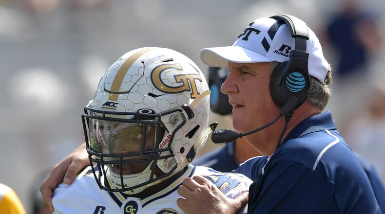 September 30, 2017 Atlanta - Georgia Tech head coach Paul Johnson instructs quarterback TaQuon Marshall (16) in the second half of an NCAA college football game at Bobby Dodd Stadium on Saturday, September 30, 2017. Georgia Tech won 33 - 7 over the North Carolina. HYOSUB SHIN / HSHIN@AJC.COM