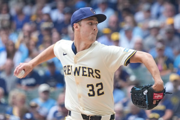 Milwaukee Brewers pitcher Jacob Misiorowski (32) throws during the first inning of a baseball game against the Pittsburgh Pirates, Wednesday, June 25, 2025, in Milwaukee. (AP Photo/Kayla Wolf)