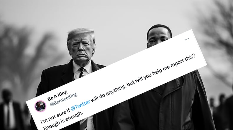 This AJC photo illustration combines a tweet from Bernice King with one of the fake images of Martin Luther King Jr. and Donald Trump.