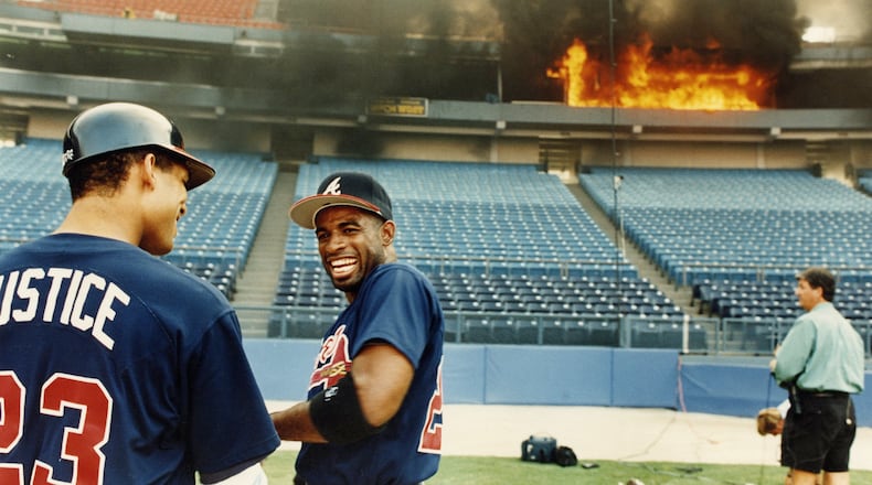 Braves players, including David Justice and Deion Sanders, were on the field for batting practice when a fire broke out on the club level of Atlanta-Fulton County Stadium in 1993.