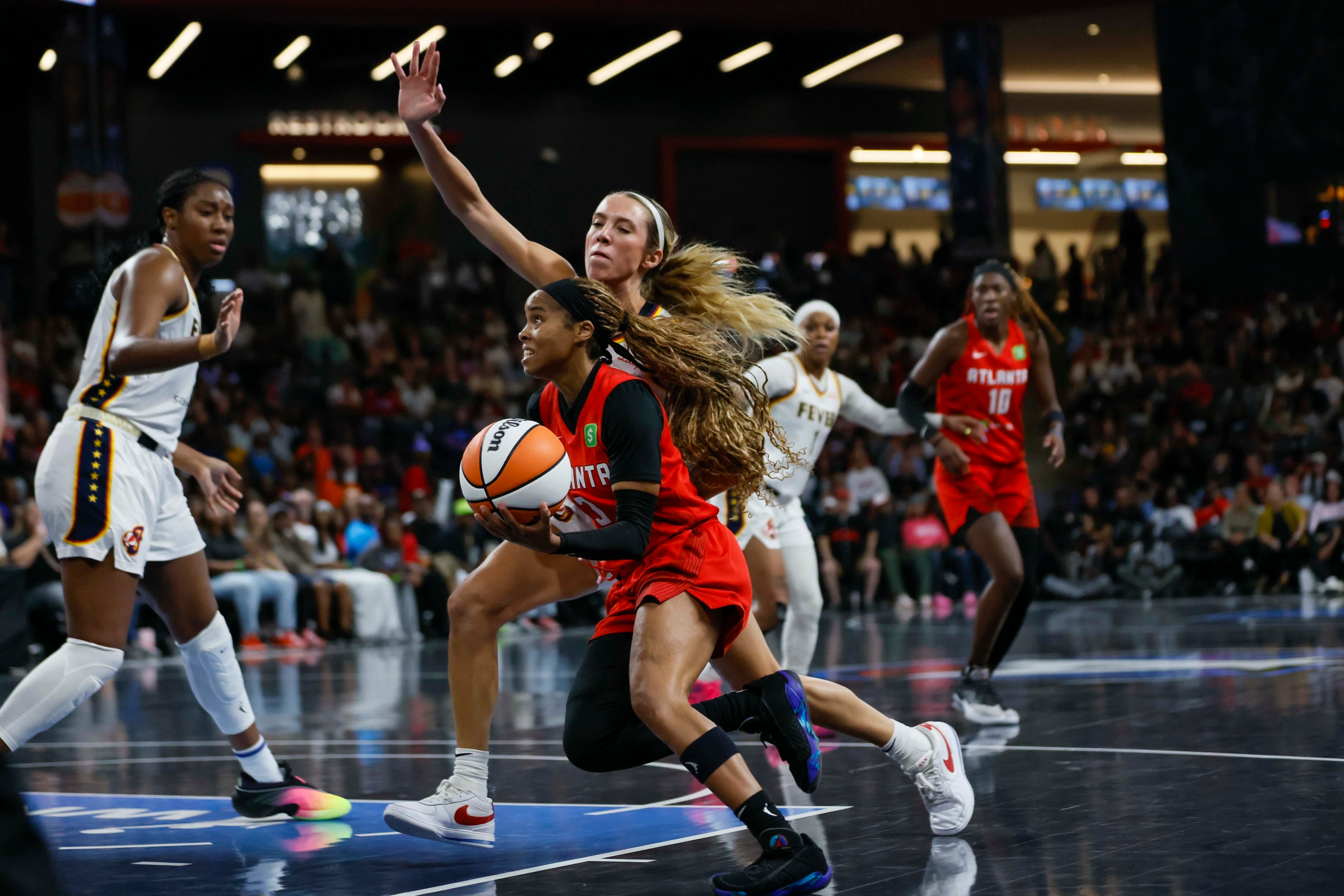 Atlanta Dream guard Jordin Canada (3) attacks the basket during the first half of a WNBA first-round playoff game against the Indiana Fever at Gateway Center Arena on Thursday, Sept. 18, 2024, in Atlanta. (Miguel Martinez/ AJC)