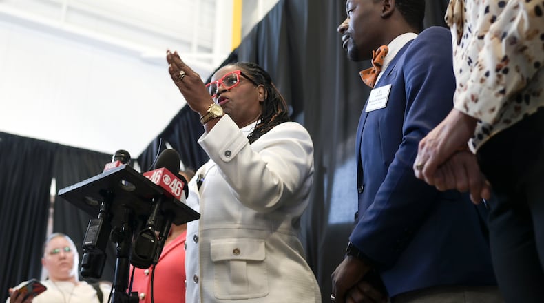 The DeKalb County School Board Chair Vickie B. Turner speaks at a news conference on April 27, 2022. Turner led the recent vote to fire Cheryl Watson-Harris as superintendent. (Natrice Miller / natrice.miller@ajc.com)