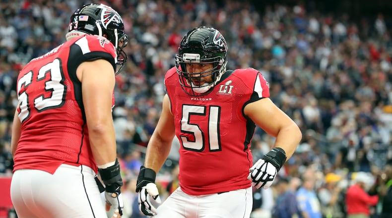 FEBRUARY 5, 2017 HOUSTON TX Atlanta Falcons center Ben Garland (63) and Atlanta Falcons center Alex Mack (51) warmup before the Atlanta Falcons meet the New England Patriots in Super Bowl LI at NRG Stadium in Houston, TX, Sunday, February 5, 2017. Curtis Compton/AJC