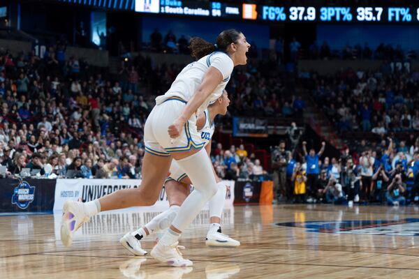 UCLA center Lauren Betts reacts after a game against LSU in the Elite Eight of the NCAA college basketball tournament, Sunday, March 30, 2025, in Spokane, Wash. (AP Photo/Jenny Kane)