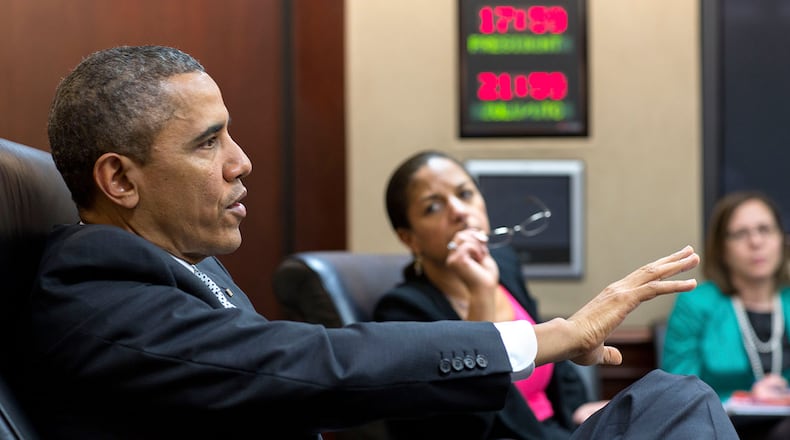 President Barack Obama meets with National Security Advisor Susan E. Rice and National Security Council staff in the Situation Room of the White House, April 3, 2014.