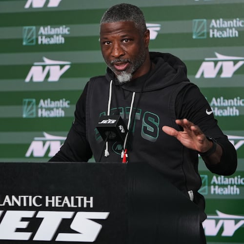 FILE - New York Jets head coach Aaron Glenn speaks at a news conference during rookie minicamp at the NFL football team's practice facilit, May 8, 2026, in Florham Park, N.J. (AP Photo/Frank Franklin II, File)