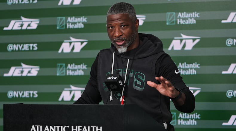 FILE - New York Jets head coach Aaron Glenn speaks at a news conference during rookie minicamp at the NFL football team's practice facilit, May 8, 2026, in Florham Park, N.J. (AP Photo/Frank Franklin II, File)