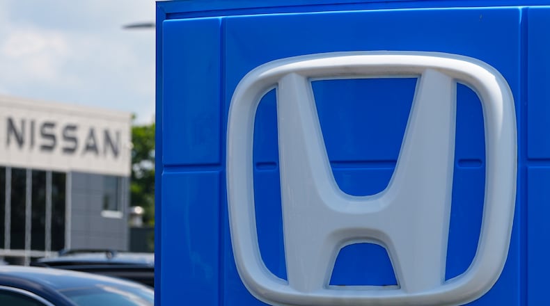 FILE - The Honda and Nissan dealerships are shown in Carmel, Ind., Wednesday, Aug. 6, 2025. (AP Photo/Michael Conroy, File)