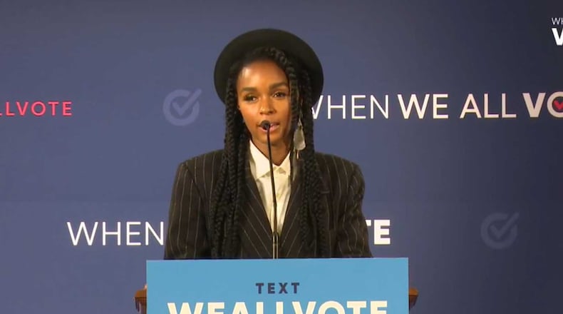 Singer/actress/activist Janelle Monae speaks at a rally at Spelman College on Thursday, Sept. 27, 2018 encouraging students to register and vote in this year's elections.