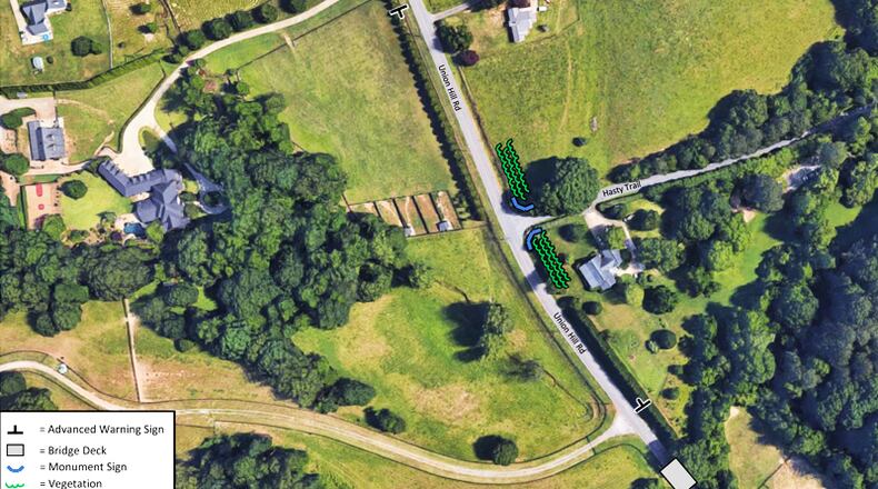 An engineering consultant’s analysis shows existing conditions at the intersection of Union Hill Road and Hasty Trail in Cherokee County. The county is taking steps to improve visibility at the intersection. POND & CO.