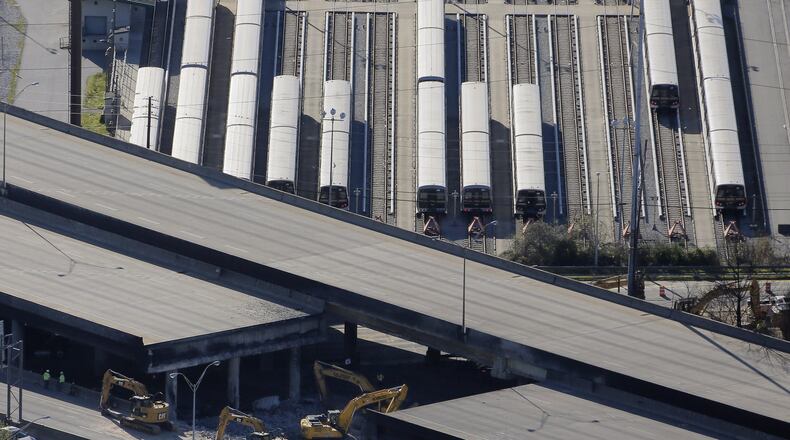 MARTA’s maintenance facility at Armour Yard sits near the portion of bridge that collapsed. A portion of I-85 remains closed because of Thursday’s fire and bridge collapse. Aerial photos shot March 31, 2017. BOB ANDRES /BANDRES@AJC.COM