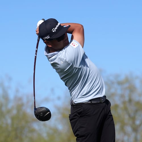 Ryo Hisatsune, of Japan, hits his tee shot at the ninth hole during the first round of the Phoenix Open golf tournament at the TPC Scottsdale Stadium Course Thursday, Feb. 5, 2026, in Scottsdale, Ariz. (AP Photo/Ross D. Franklin)