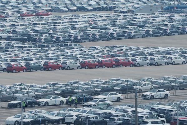 Vehicles for export are parked at a port in Pyeongtaek, South Korea, Tuesday, July 8, 2025. (AP Photo/Ahn Young-joon)