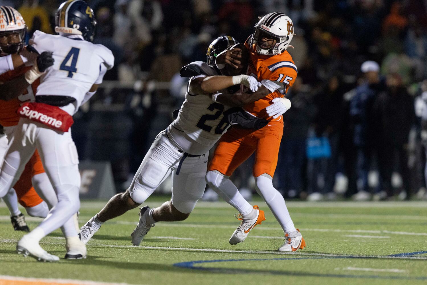 North Cobb quarterback Nick Grimstead (15) is sacked. (Photo/Jenn Finch, AJC)