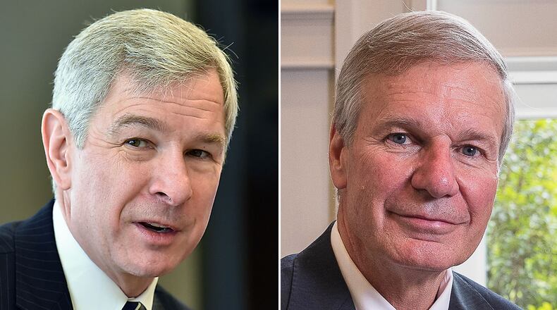 Georgia State University President Mark Becker, left, and Georgia Tech President G.P. "Bud" Peterson, right, have annual compensation packages exceeding $1 million.