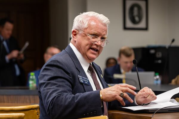 Sen. Randy Robertson, R-Cataula, speaks to the House Judiciary Non-Civil Committee about his cockfighting bill at the Capitol in Atlanta on March 25. (Arvin Temkar / AJC)