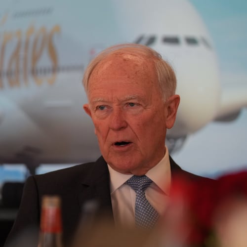 Tim Clark, the president of Emirates Airlines, speaks to journalists at the Dubai Air Show, United Arab Emirates, Tuesday, Nov. 18, 2025. (AP Photo/Altaf Qadri)
