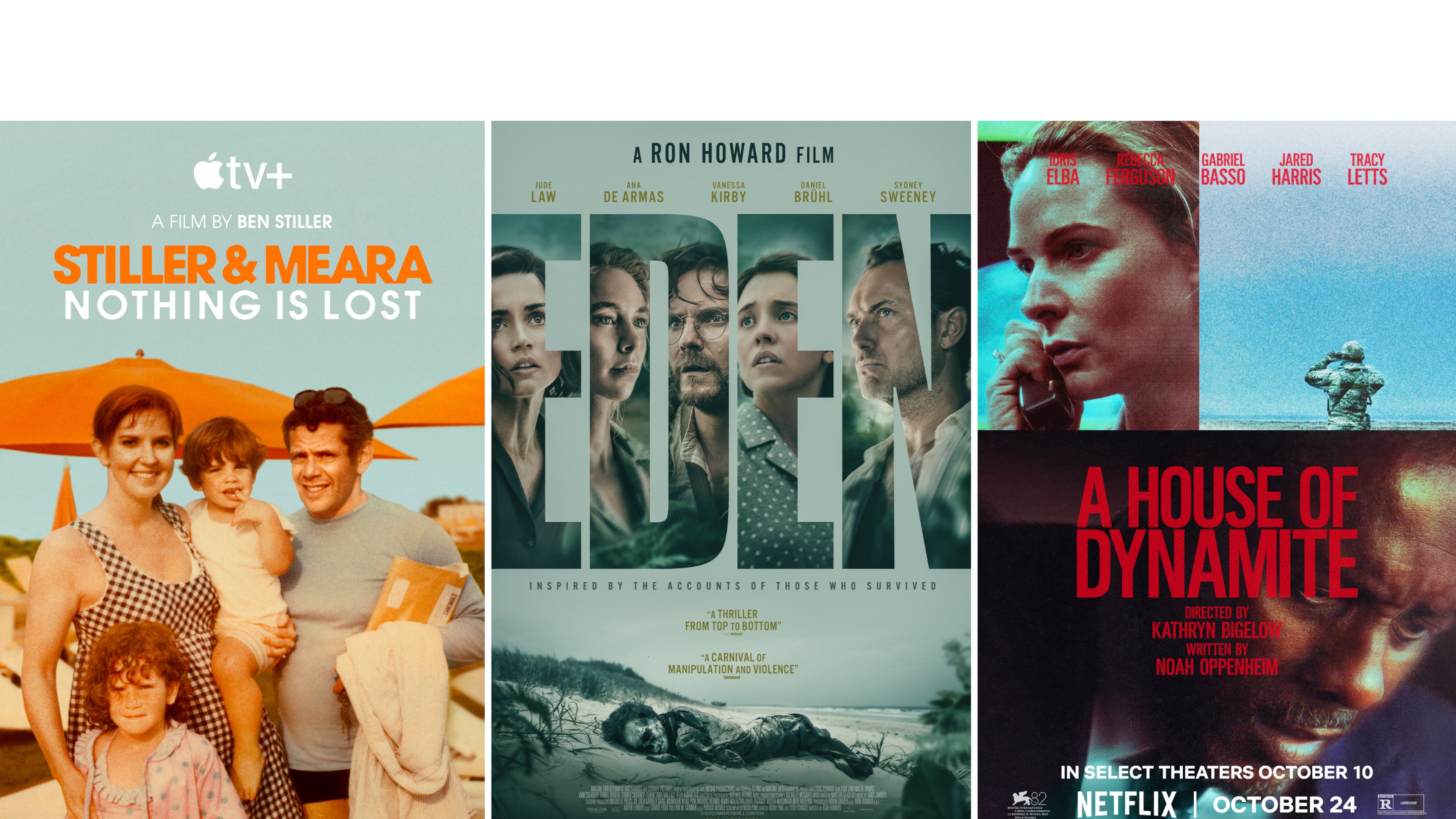 This combination of images shows promotional art for "Stiller & Meara: Nothing is Lost," left, "Eden," and "A House of Dynamite." (Apple TV+/Vertical Entertainment/Netflix via AP)