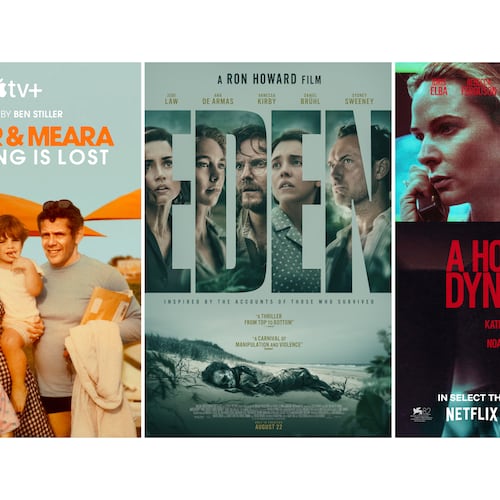 This combination of images shows promotional art for "Stiller & Meara: Nothing is Lost," left, "Eden," and "A House of Dynamite." (Apple TV+/Vertical Entertainment/Netflix via AP)
