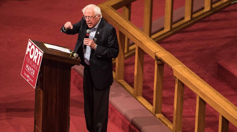 Former Democratic presidential candidate and U.S. Sen. Bernie Sanders, I-Vt., speaks to thousands of supporters of Atlanta mayoral candidate Vincent Fort during a campaign rally at Saint Phillip AME Church, Saturday, Sept. 30, 2017, in Atlanta. BRANDEN CAMP/SPECIAL