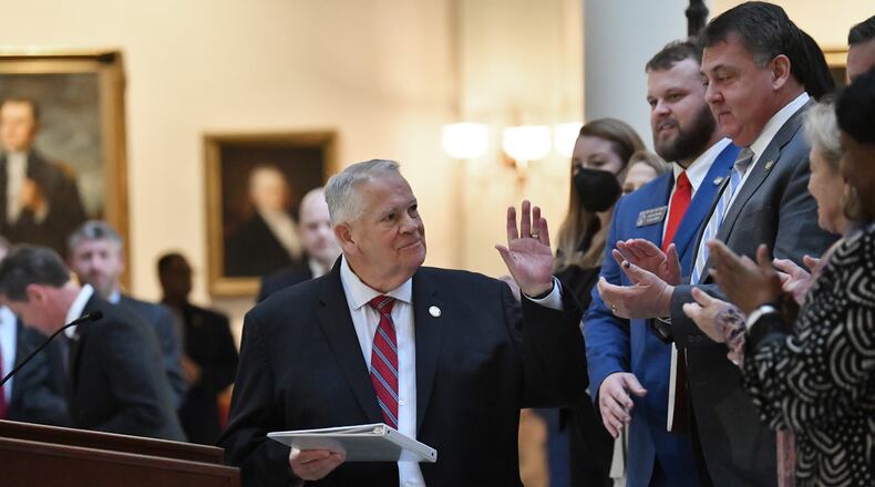 Georgia House Speaker David Ralston backed House Bill 1437, which would have cut the state's income tax rate to a flat 5.25%. But a state Senate committee tinkered with the bill to lower the rate to 4.99% over eight years, although it could take longer if the state went through a recession and revenue collections fell.
The original House bill would save taxpayers $1 billion a year. The House approved the proposal, backed by House Speaker David Ralston, R-Blue Ridge, earlier this month.greets as he walks to the podium to speak during a press conference to announce plans to spend millions of dollars on expanding internet throughout Georgia, especially in rural areas that lack access at the State Capitol in Atlanta on Tuesday, February 1, 2022. (Hyosub Shin / Hyosub.Shin@ajc.com)