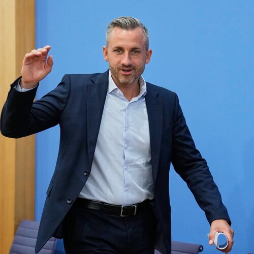 Top candidate for the Saxony-Anhalt state elections Ulrich Siegmund, center, attends a press conference in Berlin, Germany, Monday, Sept. 7, 2026. (AP Photo/Ebrahim Noroozi)