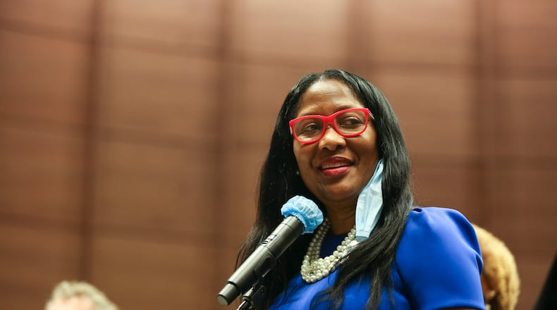 Commissioner Natalie Hall speaks  during a meeting at the Fulton County government building in Atlanta, Georgia, on Wednesday, May 5, 2021. (Rebecca Wright for the Atlanta Journal-Constitution)