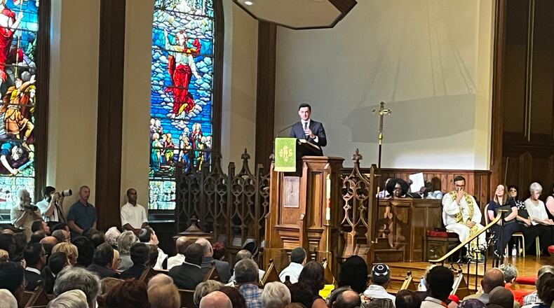 U.S. Sen. Jon Ossoff addresses a crowd at Mulberry Street United Methodist Church in Macon after an antisemitic attack targeted a nearby synagogue.