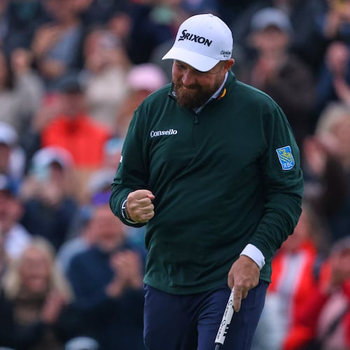 Shane Lowry of Ireland reacts during the Irish Open at Trump International Golf Links in Doonbeg, Ireland, Saturday, Sept. 12, 2026.(AP Photo/Peter Morrison)