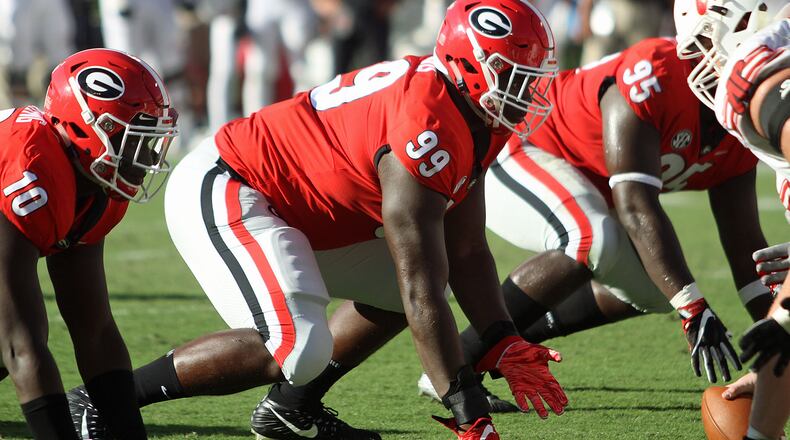 Georgia defensive lineman Jordan Davis (99) during the Bulldogs' game against Austin Peay at Sanford Stadium in Athens, Ga., on Saturday, Sept. 1, 2018. (Photo by Jim Hipple)